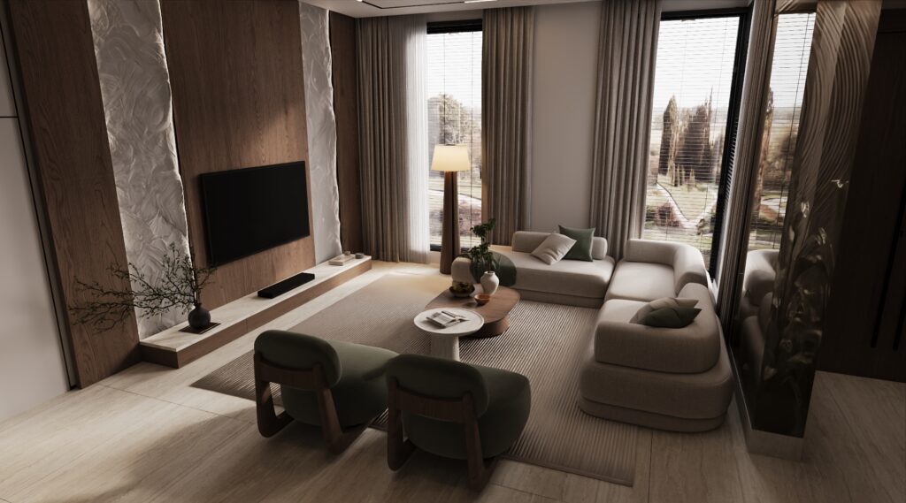تصميم صالة معيشة مودرن لفيلا سكنية بمساحة 240 متر مربع في الرياض بواسطة تيلا تصميم فلل، توضح شاشة التلفاز المثبتة على جدار خشبي فاخر.