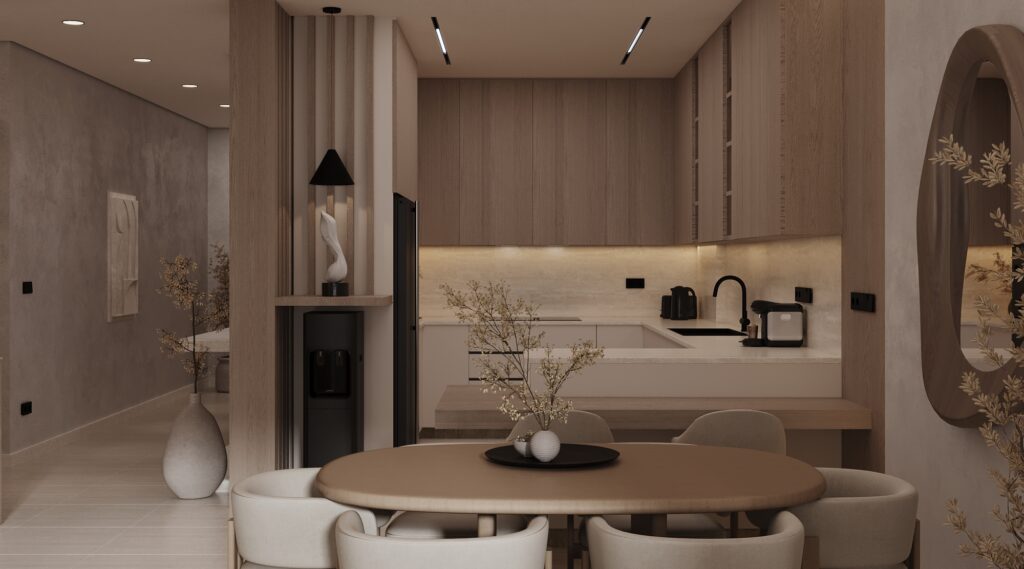 تصميم مطبخ مفتوح مودرن وخزائن خشبية ممتدة حتى السقف مع بار رخامي مدمج، من أعمال تيلا تشطيب وتأثيث للمساحات السكنية 140 م².