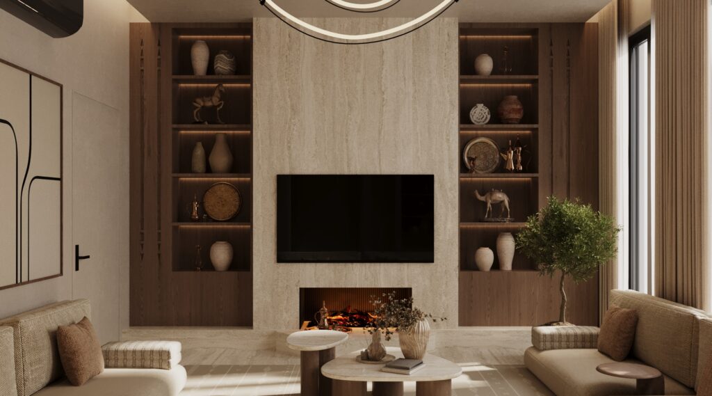 تفاصيل مشب نار (موقد) مودرن مدمج تحت الشاشة مع أرفف تحف تراثية من تصميم شركة تيلا المعمارية بالرياض.