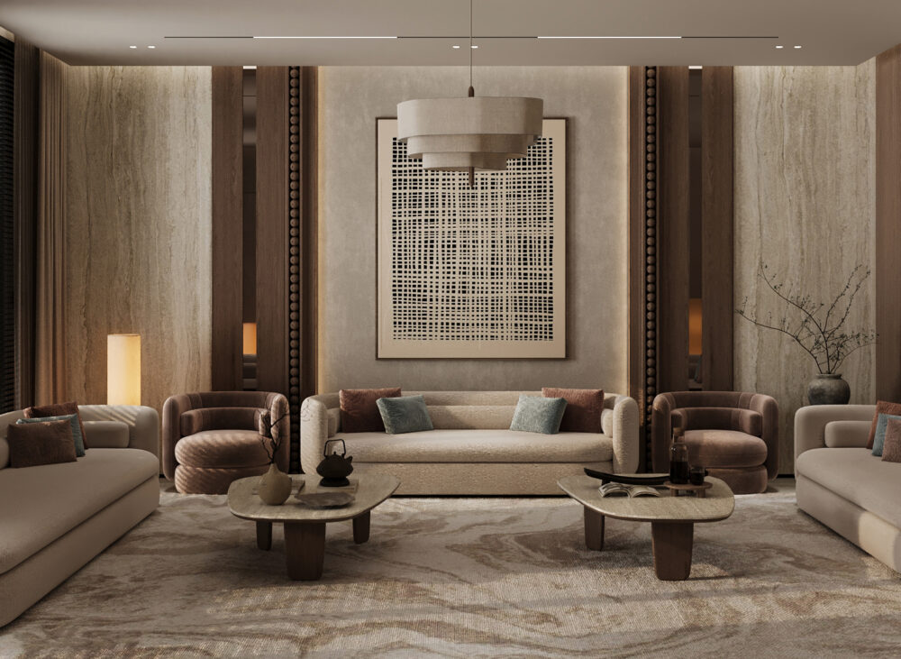تصميم مجلس رجال فاخر بتصميم جابندي من شركة تيلا المعمارية في الرياض، يتميز بكسوة جدران خشبية داكنة مع إضاءة مخفية وأثاث ترابي مريح.