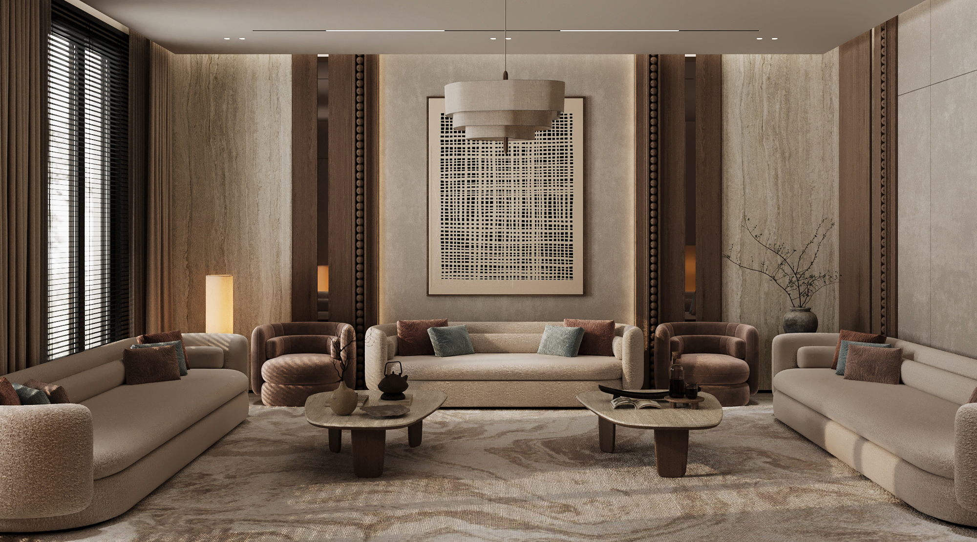 تصميم مجلس رجال فاخر بتصميم جابندي من شركة تيلا المعمارية في الرياض، يتميز بكسوة جدران خشبية داكنة مع إضاءة مخفية وأثاث ترابي مريح.
