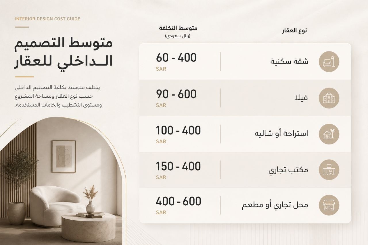 جدول متوسط تكلفة التصميم الداخلي في السعودية حسب نوع العقار جدول متوسط تكلفة التصميم الداخلي في السعودية حسب نوع العقار