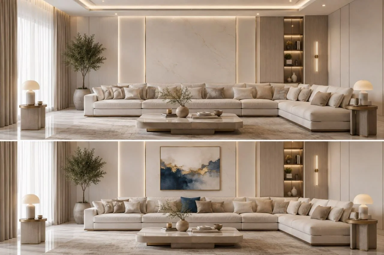 الألوان-المحايدة-في-التصميم-الداخلي-المودرن-1 مقارنة بين استخدام الألوان المحايدة بالكامل وإضافة لمسة تباين ملونة في غرفة معيشة تعتمد على تصميم داخلي مودرن.