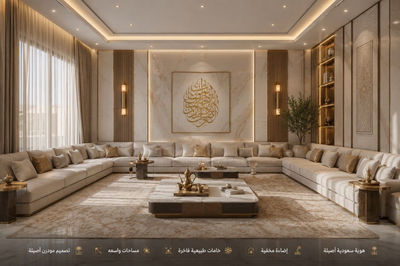تطبيق-التصميم-الداخلي-المودرن-في-مجلس-سعودي مجلس سعودي فاخر يجمع بين الهوية الأصيلة وتطبيق تصميم داخلي مودرن بألوان محايدة وخامات طبيعية.