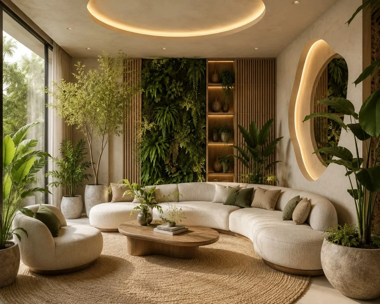 biophilic-interior-design-Saudi-home غرفة معيشة بتصميم حيوي تحتوي على نباتات داخلية وإضاءة طبيعية وخامات خشبية