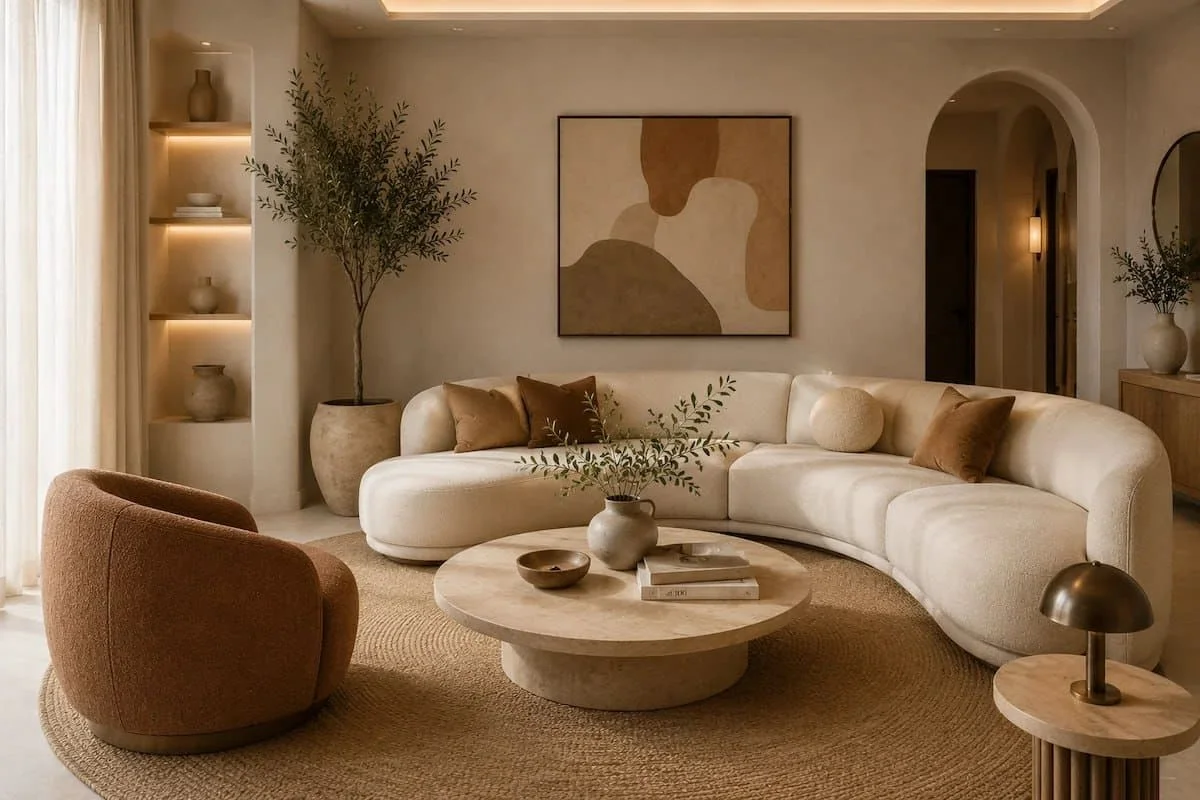 curved-furniture-interior-trend-2026-1 أثاث منحني بتصميم عصري داخل غرفة معيشة يمنح المساحة راحة وانسيابية أكبر.