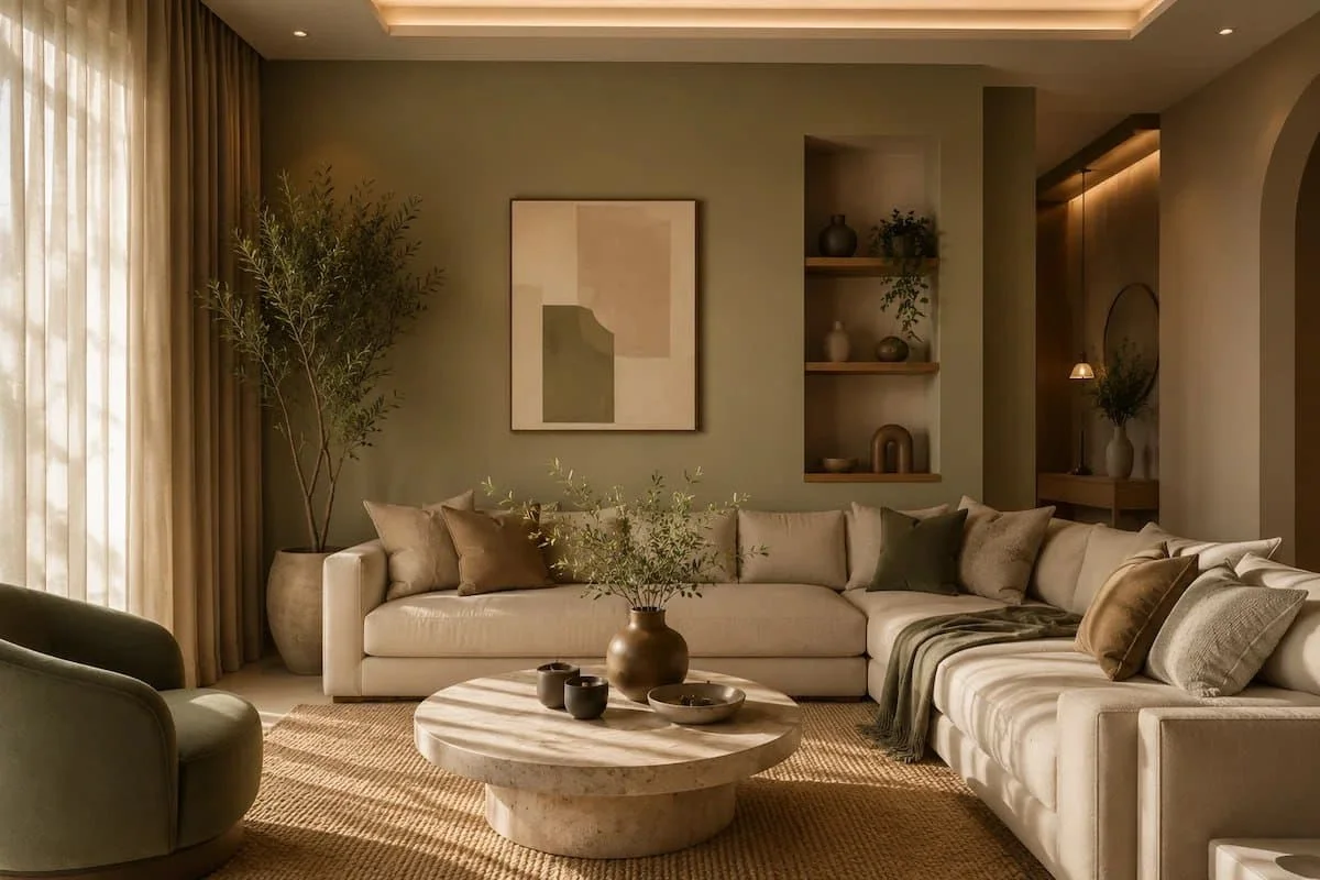 earthy-color-trend-saudi-home-2026 غرفة معيشة بألوان ترابية دافئة تعكس أحدث صيحات التصميم الداخلي في السعودية