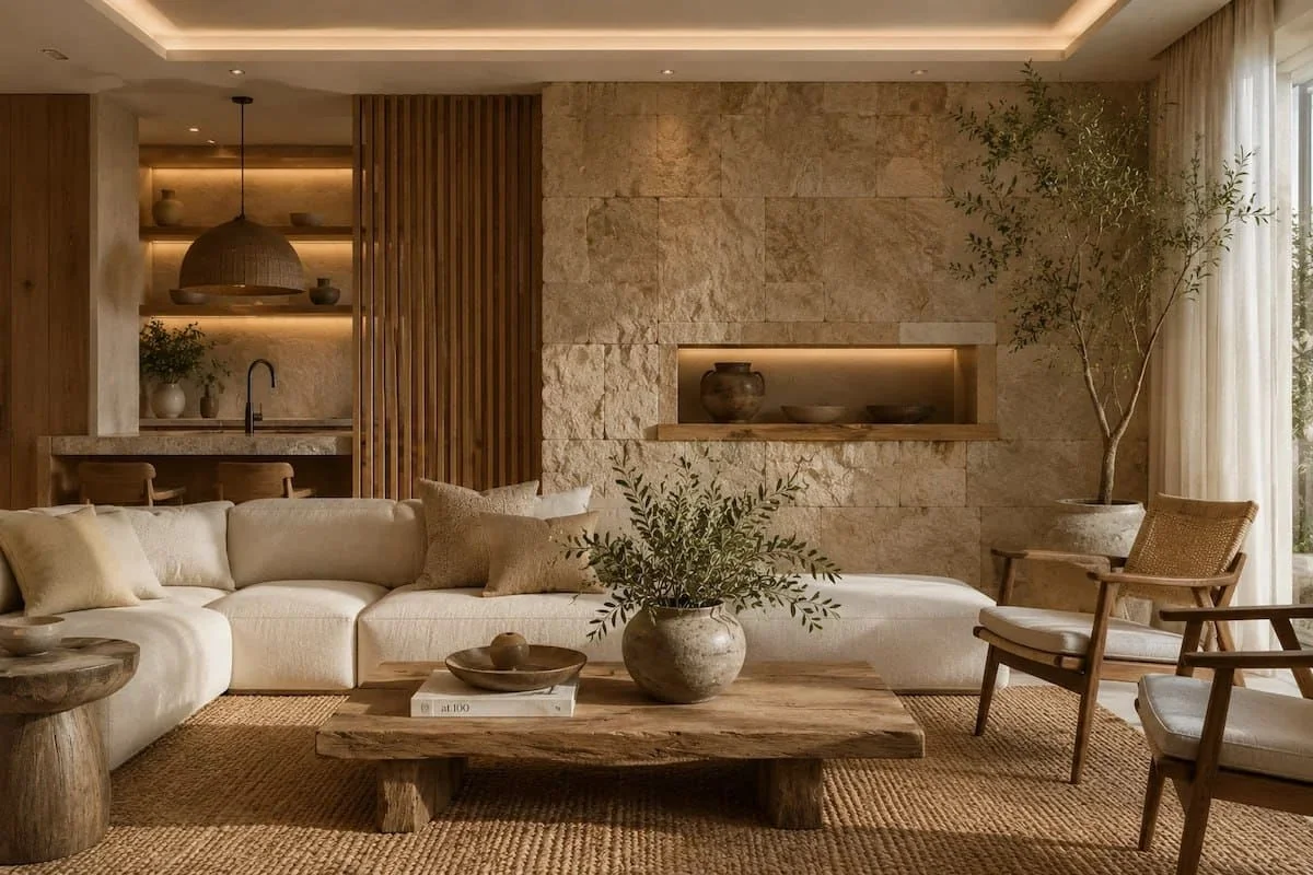 natural-materials-interior-design-2026 تصميم داخلي يعتمد على الخشب والحجر والأقمشة الطبيعية ضمن أحدث ترندات المنازل في السعودية