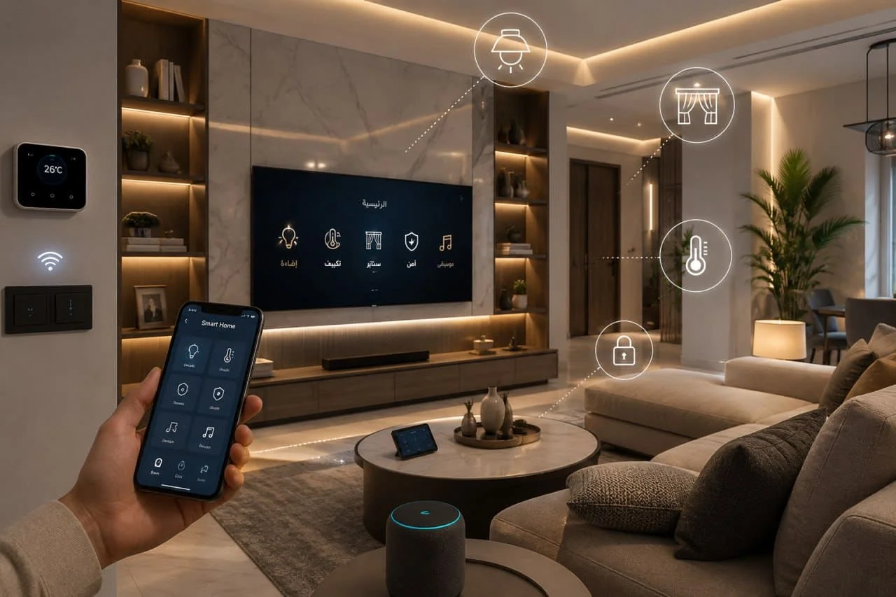 smart-home-interior-saudi-arabia-1 غرفة معيشة عصرية في منزل ذكي مزودة بإضاءة ذكية وستائر كهربائية وأنظمة تحكم حديثة ضمن أحدث ترندات التصميم الداخلي في السعودية