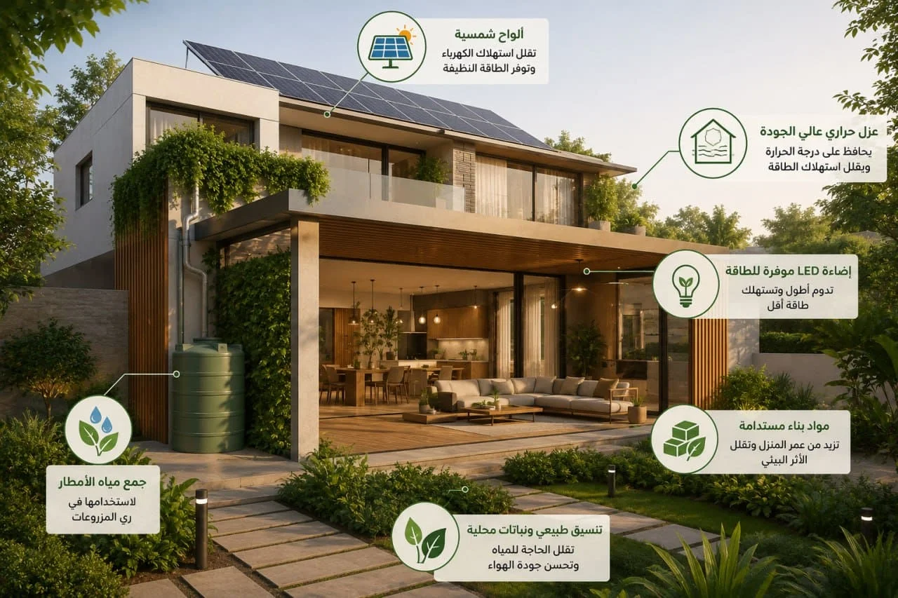 sustainable-home-design-saudi-arabia-2026 منزل مستدام يعتمد على الألواح الشمسية والخامات الطبيعية والإضاءة الموفرة للطاقة ضمن أحدث اتجاهات التصميم الداخلي المستدام في السعودية