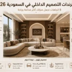 إنفوجرافيك يستعرض أحدث ترندات التصميم الداخلي في السعودية لعام 2026 في مجلس عصري فاخر.