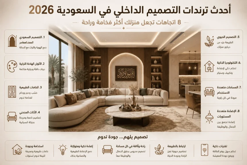 إنفوجرافيك يستعرض أحدث ترندات التصميم الداخلي في السعودية لعام 2026 في مجلس عصري فاخر.