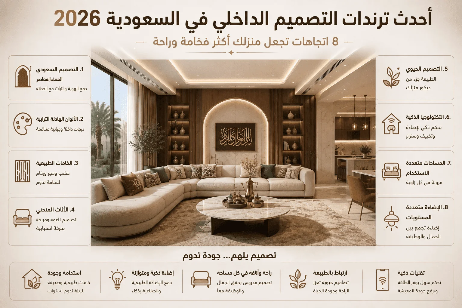 إنفوجرافيك يستعرض أحدث ترندات التصميم الداخلي في السعودية لعام 2026 في مجلس عصري فاخر.