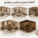 إنفوجرافيك يوضح أنماط تصميم مجلس سعودي مختلفة تشمل المودرن والنيو كلاسيك والعربي الحديث والكلاسيكي والتراثي.