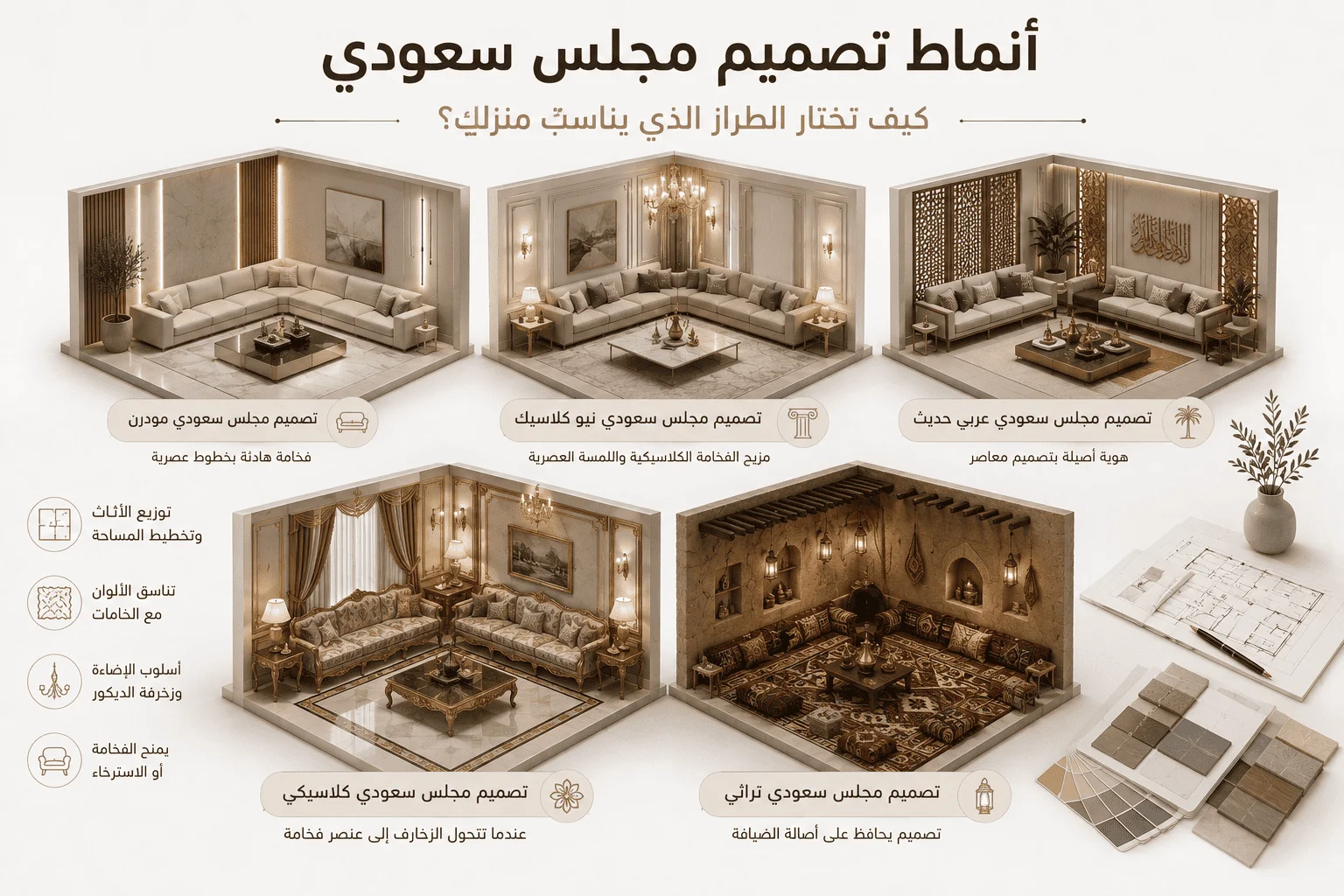 إنفوجرافيك يوضح أنماط تصميم مجلس سعودي مختلفة تشمل المودرن والنيو كلاسيك والعربي الحديث والكلاسيكي والتراثي.
