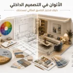 إنفوجرافيك يوضح دليل اختيار الألوان في التصميم الداخلي وقاعدة توزيعها (60-30-10) وعجلة الألوان مع مقارنة بصريّة لغرفة معيشة.