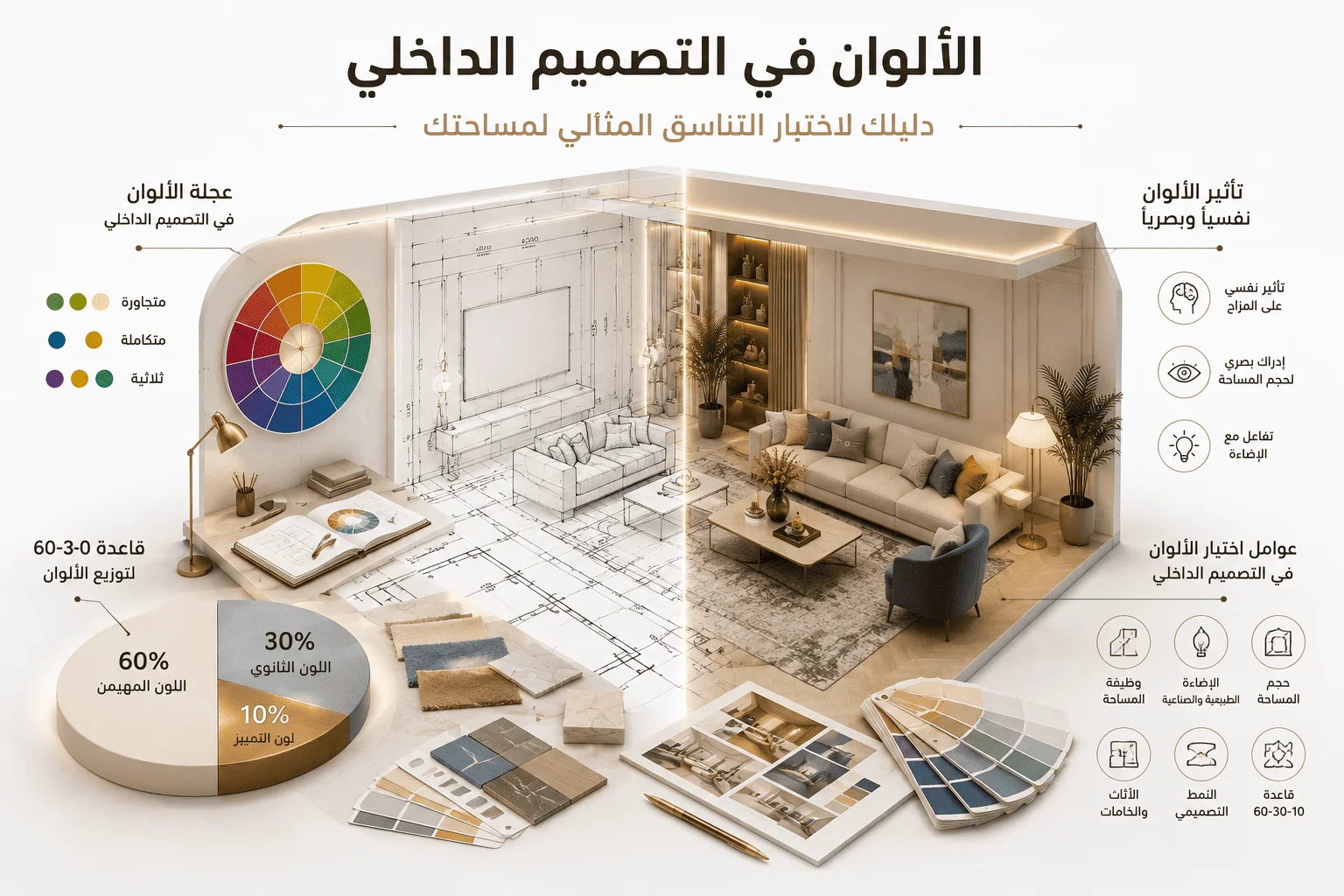 إنفوجرافيك يوضح دليل اختيار الألوان في التصميم الداخلي وقاعدة توزيعها (60-30-10) وعجلة الألوان مع مقارنة بصريّة لغرفة معيشة.