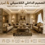إنفوجرافيك يستعرض أسرار تطبيق التصميم الداخلي الكلاسيكي في مجلس أو صالة معيشة فاخرة تشبه القصور.