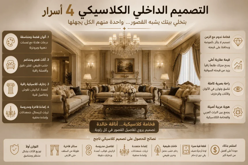 إنفوجرافيك يستعرض أسرار تطبيق التصميم الداخلي الكلاسيكي في مجلس أو صالة معيشة فاخرة تشبه القصور.