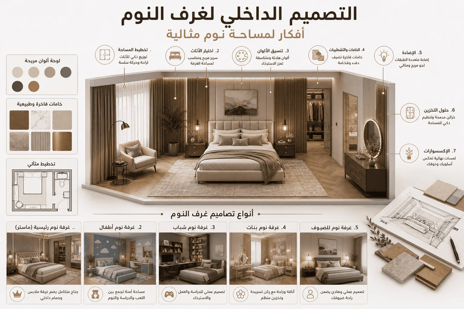 إنفوجرافيك يوضح أساسيات وأفكار التصميم الداخلي لغرف النوم بالإضافة إلى استعراض أنواع مختلفة لغرف النوم.