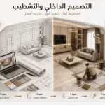 إنفوجرافيك مقارنة يوضح الفرق بين التصميم الداخلي والتشطيب من مرحلة التخطيط والمخططات الهندسية إلى مرحلة التنفيذ على أرض الواقع.