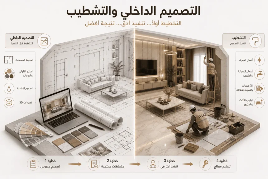 إنفوجرافيك مقارنة يوضح الفرق بين التصميم الداخلي والتشطيب من مرحلة التخطيط والمخططات الهندسية إلى مرحلة التنفيذ على أرض الواقع.