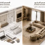 إنفوجرافيك يوضح الفرق بين المصمم الداخلي ومصمم الديكور من خلال مقارنة بين المخططات الهندسية المعمارية وتنسيق الأثاث النهائي لغرفة معيشة.