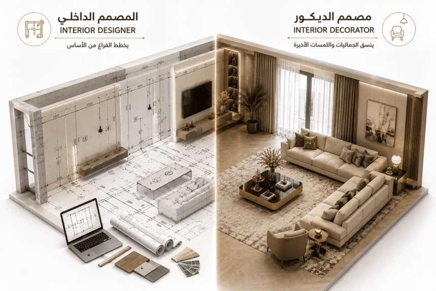 إنفوجرافيك يوضح الفرق بين المصمم الداخلي ومصمم الديكور من خلال مقارنة بين المخططات الهندسية المعمارية وتنسيق الأثاث النهائي لغرفة معيشة.