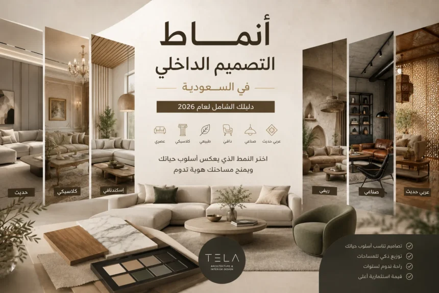 صورة إعلانية تعرض مجموعة متنوعة من أنماط التصميم الداخلي في السعودية لعام 2026 من شركة TELA، تظهر غرف جلوس بأنماط مختلفة مثل الحديث، الكلاسيكي، الاسكندنافي، الريفي، الصناعي، والعربي الحديث، مع عينات مواد بناء وشعار الشركة.