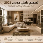 إنفوجرافيك يستعرض أسرار تطبيق تصميم داخلي مودرن لعام 2026 في منزل عصري مفتوح وأنيق.