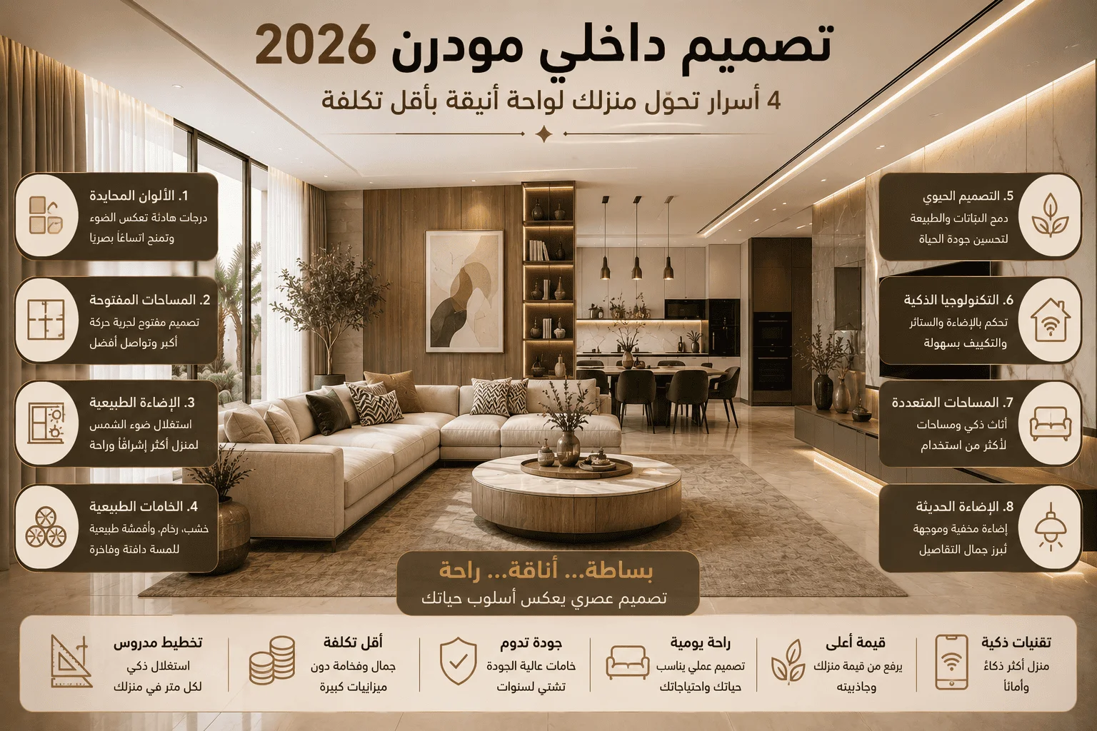 إنفوجرافيك يستعرض أسرار تطبيق تصميم داخلي مودرن لعام 2026 في منزل عصري مفتوح وأنيق.