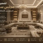 إنفوجرافيك يوضح أساسيات وأفكار تصميم مجلس سعودي يجمع بين الأصالة والعصرية مع استعراض عناصر الضيافة والتصميم.