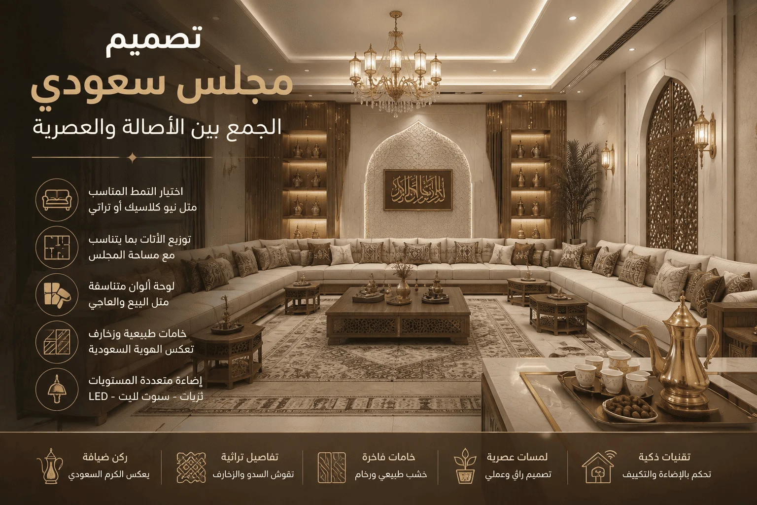 إنفوجرافيك يوضح أساسيات وأفكار تصميم مجلس سعودي يجمع بين الأصالة والعصرية مع استعراض عناصر الضيافة والتصميم.