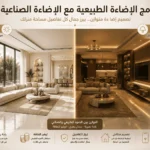 إنفوجرافيك يوضح كيفية دمج الإضاءة الطبيعية مع الإضاءة الصناعية في التصميم الداخلي لتحقيق التوازن والجمال البصري.