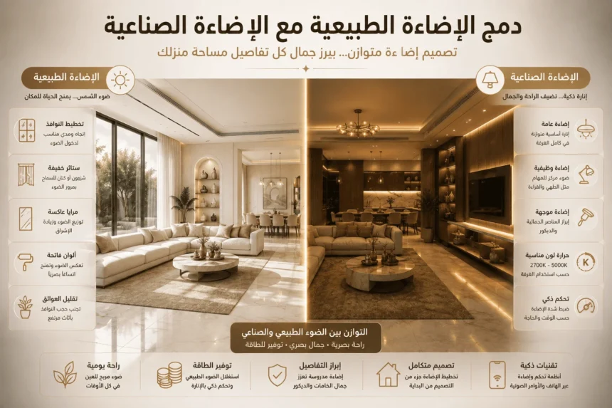 إنفوجرافيك يوضح كيفية دمج الإضاءة الطبيعية مع الإضاءة الصناعية في التصميم الداخلي لتحقيق التوازن والجمال البصري.