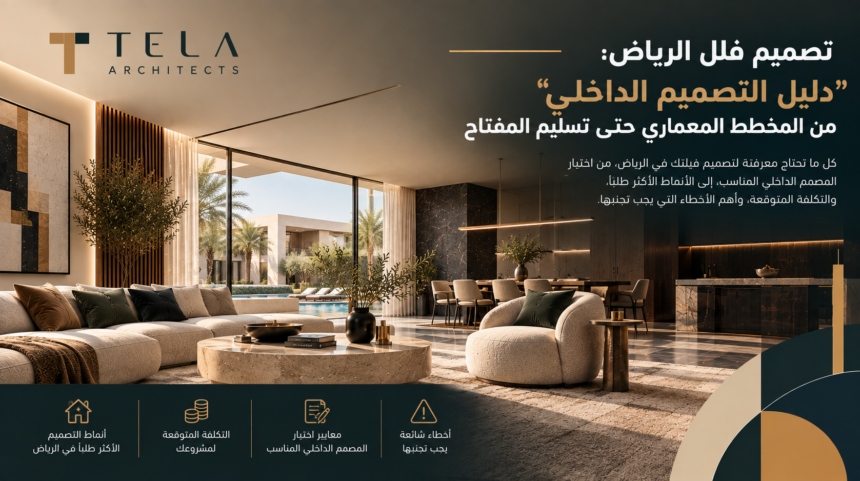 تصميم داخلي فاخر لفيلا في الرياض مع مخطط معماري، ضمن دليل تيلا آركيتكتس لتصميم الفلل من المخطط حتى تسليم المفتاح 2026.