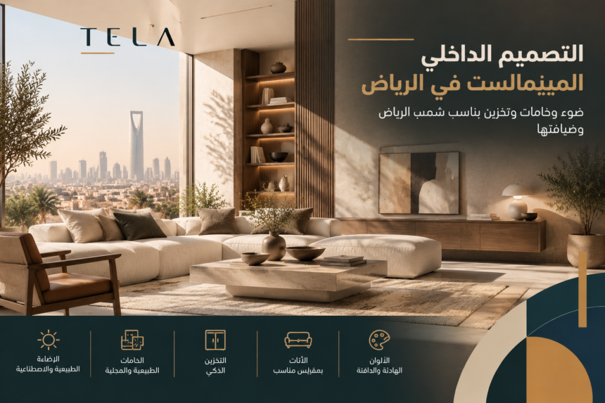 تصميم داخلي مينيماليست فاخر في الرياض يجمع بين الإضاءة الطبيعية والخامات الهادئة والتخزين الذكي بأسلوب يناسب المنازل السعودية