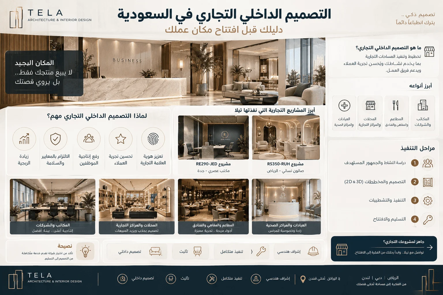 إنفوجرافيك شامل حول التصميم الداخلي التجاري في السعودية من شركة تيلا يوضح أهميته وأنواعه ومراحل التنفيذ.