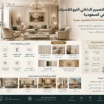 انفوجرافيك شامل من شركة تيلا يوضح دليل التصميم الداخلي النيو كلاسيك في السعودية وعناصره وتطبيقاته المختلفة.