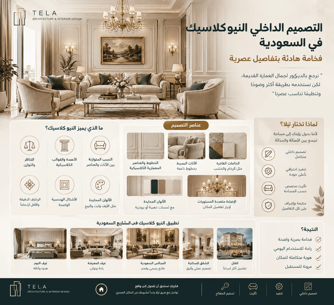 انفوجرافيك شامل من شركة تيلا يوضح دليل التصميم الداخلي النيو كلاسيك في السعودية وعناصره وتطبيقاته المختلفة.