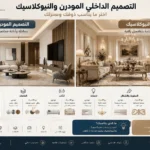 إنفوجرافيك مقارنة يوضح الفرق بين التصميم المودرن والنيوكلاسيك في الديكور الداخلي مع أمثلة صورية ومعايير الاختيار من شركة تيلا.