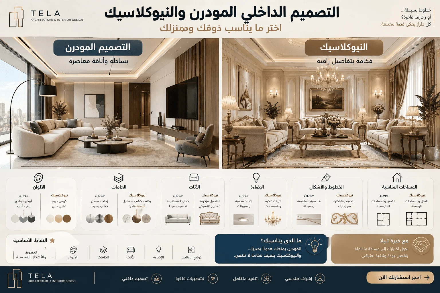 إنفوجرافيك مقارنة يوضح الفرق بين التصميم المودرن والنيوكلاسيك في الديكور الداخلي مع أمثلة صورية ومعايير الاختيار من شركة تيلا.